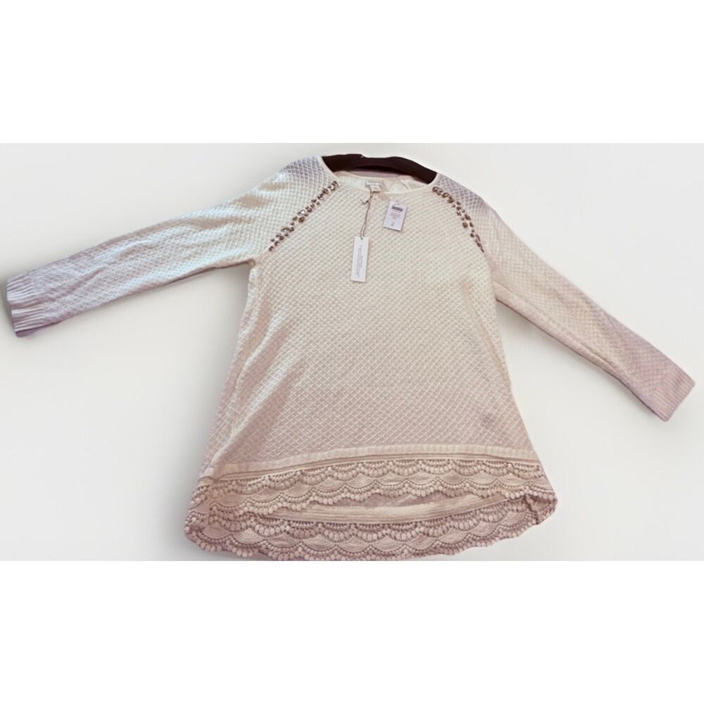 Chico's Pullover Sweater Lace Embellished Beaded Ecru Acrylic Size 2 Women NWT